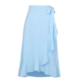 Sky blue wrap midi skirt with ruffle trim and side tie detail in light chiffon fabric - Blue