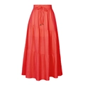 Close-up of bright red tiered maxi skirt featuring elastic waist and metal-tip drawstrings - S / Orange Red
