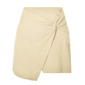 Detalle de minifalda de algodón y lino de talle alto con nudo y dobladillo asimétrico - S / Beige