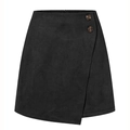 Detailed view of black faux suede wrap skirt with amber button and zipper closure - Black