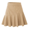 Detailed macro view of khaki corduroy fabric texture and ruffled hem on high waist skirt - S / Beige