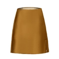 Detail view of smooth bronze satin fabric texture and side slit on the A-line mini skirt - S / Gold
