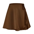 Detail of coffee brown satin wrap skirt showing delicate side tie and wavy ruffled hemline - S / Brown
