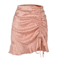 Detail of dusty pink leopard print satin skirt featuring side drawstring and ruffled hem - S / Pink