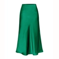 Detail of high-waist dark green satin midi skirt with elegant silk texture and drape - S / Dark Green