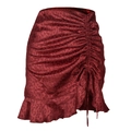 Detail of red leopard print satin skirt featuring side drawstring ruching and ruffle hem - S / Burgundy