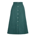 Dark teal corduroy high waist A-line skirt with a single-breasted button front design - Green