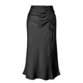 Detail of ruched side drawstring on black satin high waist midi skirt with silk texture - S / Black
