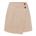 Beige suède wikkelrok met hoge taille en decoratieve dubbele bruine knopen - S / Beige