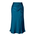 Detail of teal satin maxi skirt featuring adjustable side ruched drawstring and silky fabric - S / Teal