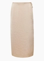 Dettaglio gonna midi in raso a vita alta con chiusura a laccetti e tessuto lucido - S / Beige
