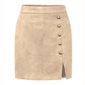 Camel-farbener Wildlederimitat-Minirock mit hoher Taille, Metallknöpfen und seitlichem Schlitz - S / Beige