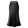 Detailed view of elegant black satin maxi skirt with delicate lace waistband detail - S / Black