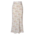 Detail of high waist floral satin midi skirt with vibrant pink and yellow flowers - White Avocado Print