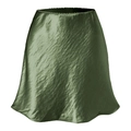 Detail view of dark green satin mini skirt showing textured fabric and elastic waistband - S / Army Green