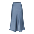 Elegant high-waisted navy blue satin midi skirt with a smooth silky texture and shine - S / Haze Blue