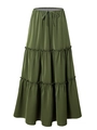 Detail of high waist olive green satin maxi skirt with elastic drawstring and tiered ruffles - S / Green