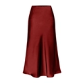 Elegant high waist satin midi skirt in deep wine red with a glossy A-line silhouette - S / Burgundy