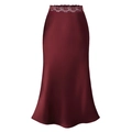 Detailed view of the burgundy satin midi skirt with elegant lace trim at the elastic waist - S / Burgundy