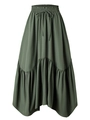 Detail of high waist elastic waistband with adjustable drawstring on dark green maxi skirt - S / Army Green