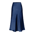 Elegant high-waisted navy blue satin midi skirt with a silky glossy finish and A-line cut - S / Navy Blue