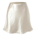 Detail of champagne satin mini skirt featuring delicate lace trim and textured silk fabric - S / Beige