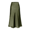 Elegant high-waisted satin midi skirt in olive green with a silky A-line silhouette - S / Army Green