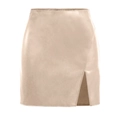 Minifalda de mujer de cuero PU beige con talle alto y detalle de abertura lateral - S / Beige