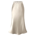 Detail of elegant champagne satin maxi skirt featuring delicate lace waistband and glossy finish - S / Beige