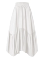 Detailed view of elastic high waist with adjustable drawstring on white tiered maxi skirt - White