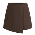 Detail of coffee brown asymmetric mini skort with high waist button and smooth fabric texture - S / Chocolate