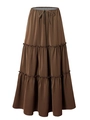 Detail of brown tiered maxi skirt featuring elastic waist and adjustable drawstring tie - S / Brown