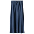Elegant navy blue satin maxi skirt featuring a high waist and adjustable drawstring tie - Navy Blue