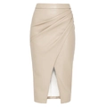 Elegante gonna midi in pelle PU beige a vita alta con pieghe incrociate e spacco anteriore - S / Beige