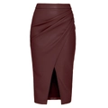 Gonna midi in pelle PU rosso vino a vita alta con spacco laterale e drappeggio chic - S / Borgogna