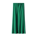 Elegant emerald green satin maxi skirt with high waist drawstring and silky finish - Dark Green