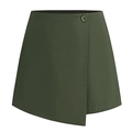 Detail of dark green A-line skort showing asymmetric wrap design and matching button closure - S / Army Green