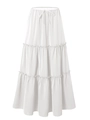Detail of white tiered maxi skirt featuring elastic drawstring waist and layered ruffle design - S / White