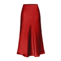 Elegant high waist red acetate satin midi skirt with side slit and silky drape finish - S / Red