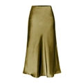 High-waisted satin midi skirt in olive green featuring a bias cut and smooth finish - S / Olive Green