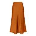 Elegant high-waisted satin midi skirt in caramel orange featuring a smooth glossy finish - S / Caramel color