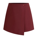 Detail view of burgundy wrap skort showing asymmetrical hem and decorative resin button - S / Burgundy