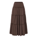 Detail of dark brown tiered maxi skirt with smocked waist and ruffled cotton linen texture - S / Brown