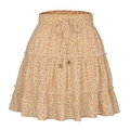 High waisted yellow floral ruffle skirt with drawstring and bohemian layered design - S / Beige Floral