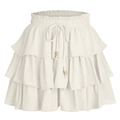 Dettaglio della minigonna a balze color crema con elastico in vita e coulisse con perline in legno - S / Bianco