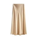 Elegant champagne gold satin midi skirt with high waist and smooth silk-like texture - Champagne