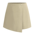 Detail of beige irregular wrap skort featuring fine twill texture and waist button - S / Button Style / Beige With Button