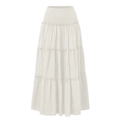 Detail of smocked high waist and tiered ruffle seams on off-white bohemian maxi skirt - S / White