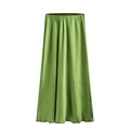 Elegant high-waisted green acetate satin midi skirt with a side slit and glossy finish - Fruit Green