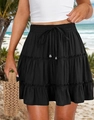 High-waisted black tiered mini skirt with ruffle layers and decorative drawstring - S / Black